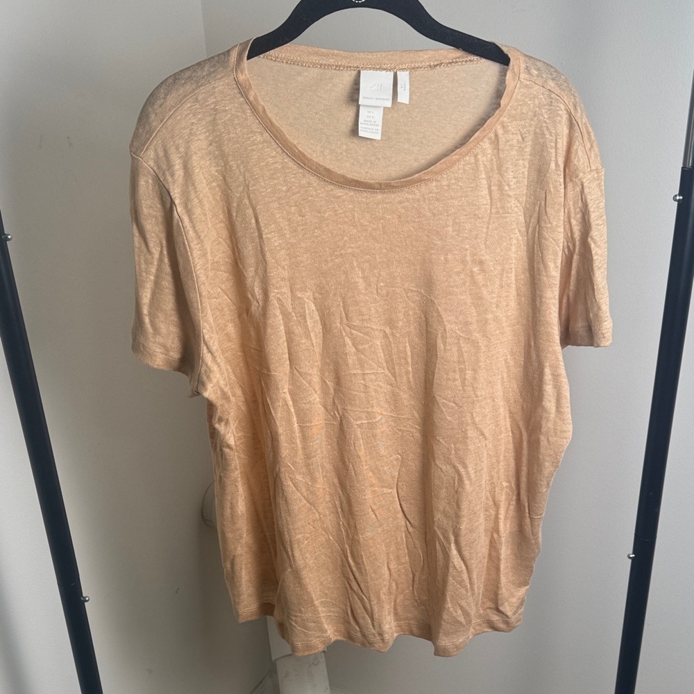 H&M Light Brown Camel 100% Basic Scoop Neck Casual T-Shirt Short Sleeve Size Lar